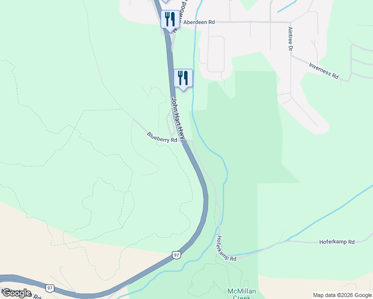 map of restaurants, bars, coffee shops, grocery stores, and more near 1519 John Hart Highway in Prince George