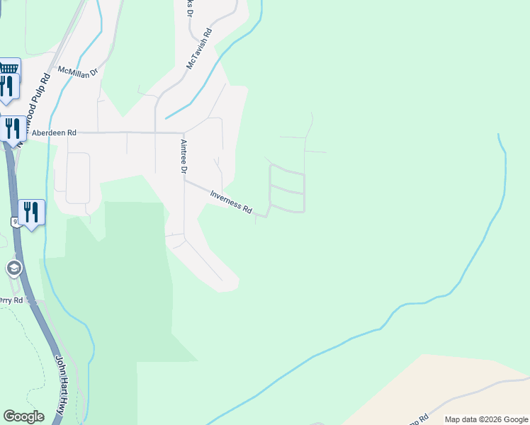 map of restaurants, bars, coffee shops, grocery stores, and more near 1000 Inverness Road in Prince George
