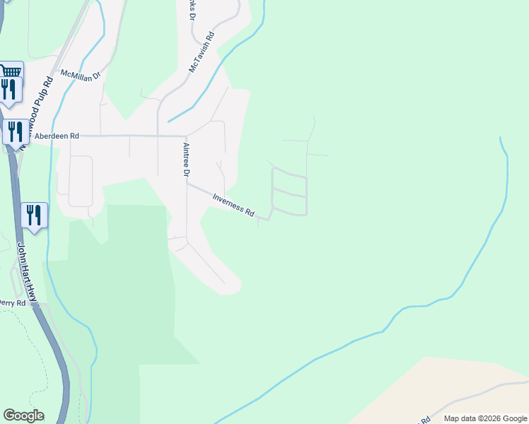 map of restaurants, bars, coffee shops, grocery stores, and more near 1000 Inverness Road in Prince George