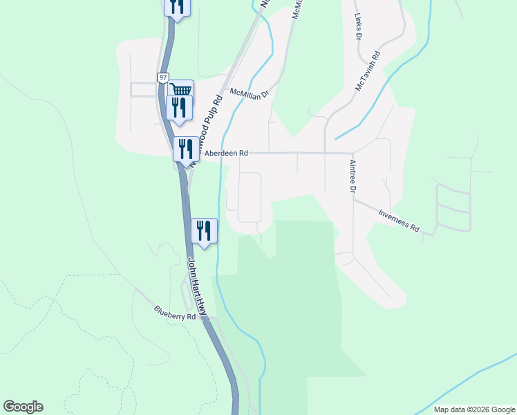 map of restaurants, bars, coffee shops, grocery stores, and more near 1945 McAndrew Crescent in Prince George