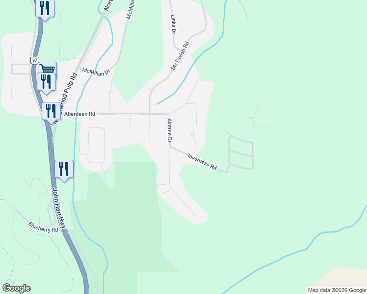 map of restaurants, bars, coffee shops, grocery stores, and more near 1230 Inverness Road in Prince George