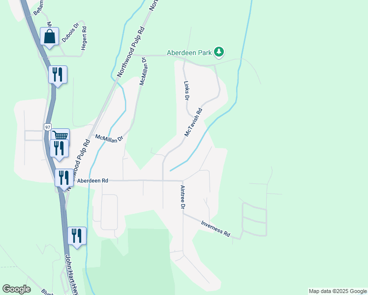 map of restaurants, bars, coffee shops, grocery stores, and more near 2308 McTavish Road in Prince George