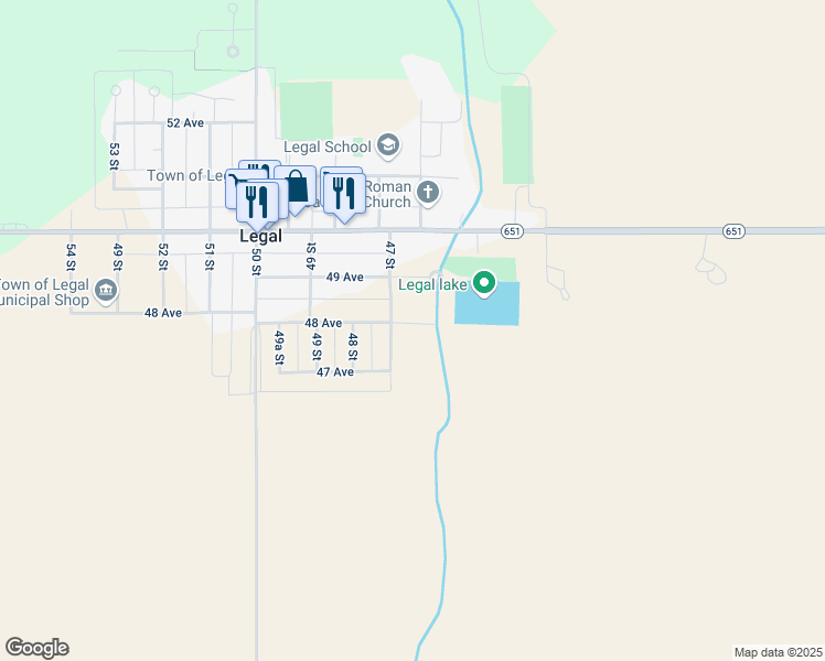 map of restaurants, bars, coffee shops, grocery stores, and more near 4811 47 Street in Legal