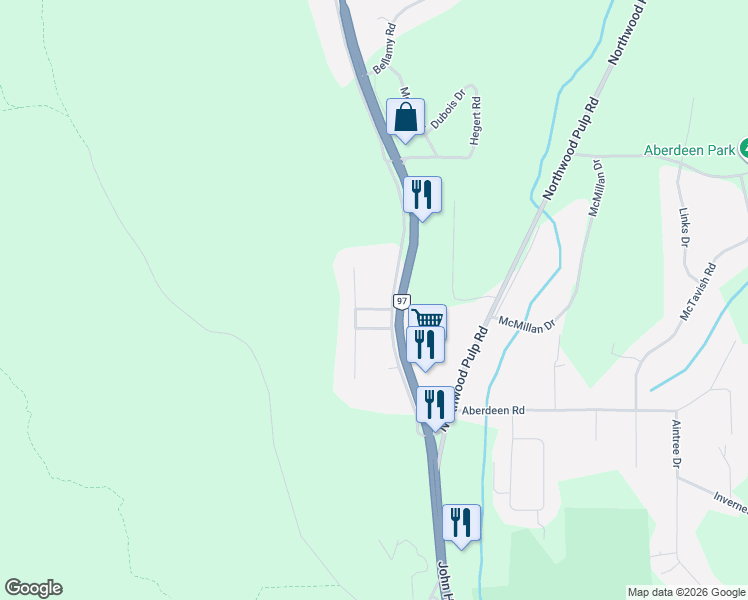 map of restaurants, bars, coffee shops, grocery stores, and more near 2100 O'Keefe Avenue in Prince George