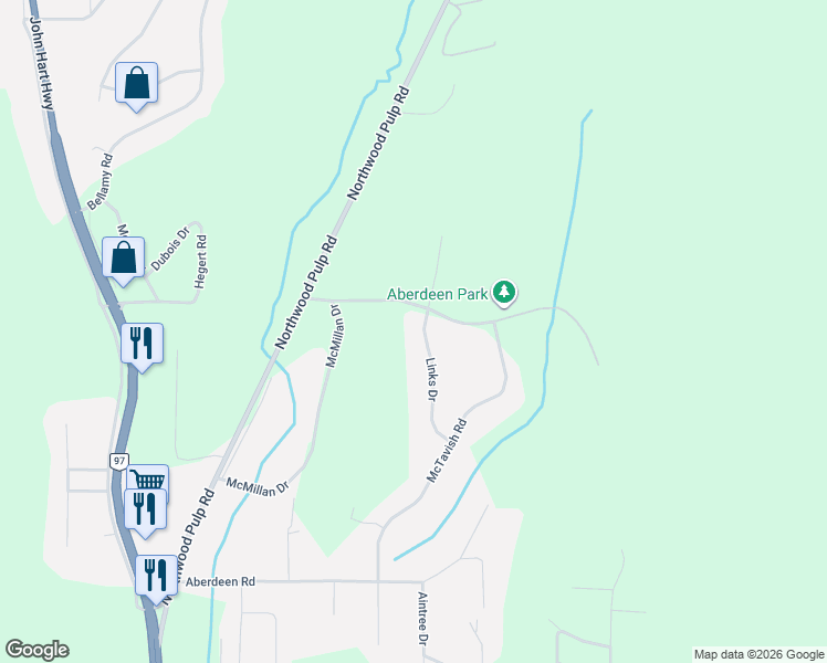 map of restaurants, bars, coffee shops, grocery stores, and more near 2693 Links Drive in Prince George