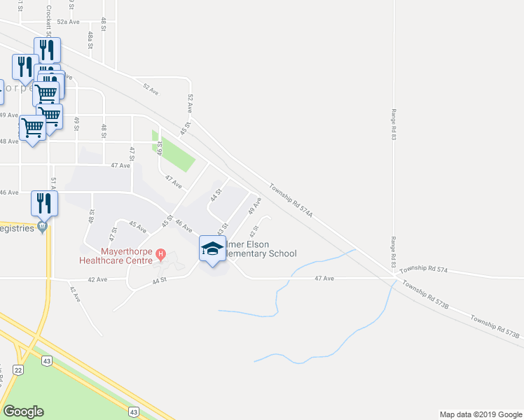 map of restaurants, bars, coffee shops, grocery stores, and more near 4728 42 Street in Mayerthorpe