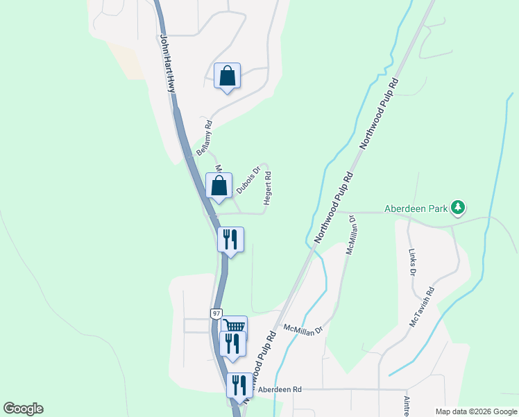 map of restaurants, bars, coffee shops, grocery stores, and more near 1880 Houghtaling Road in Prince George