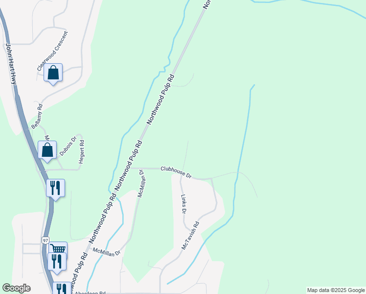 map of restaurants, bars, coffee shops, grocery stores, and more near 3025 Links Drive in Prince George