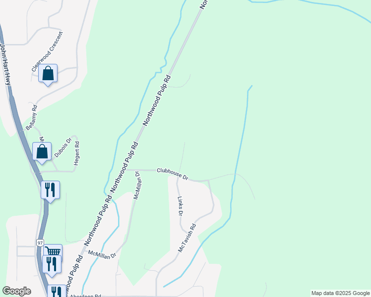 map of restaurants, bars, coffee shops, grocery stores, and more near 3036 Links Drive in Prince George