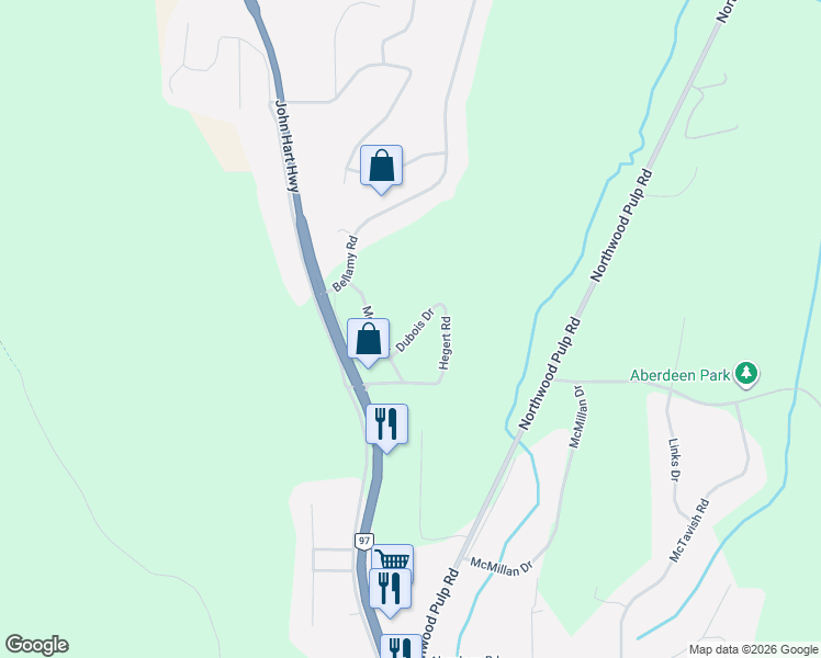 map of restaurants, bars, coffee shops, grocery stores, and more near 1915 Dubois Drive in Prince George