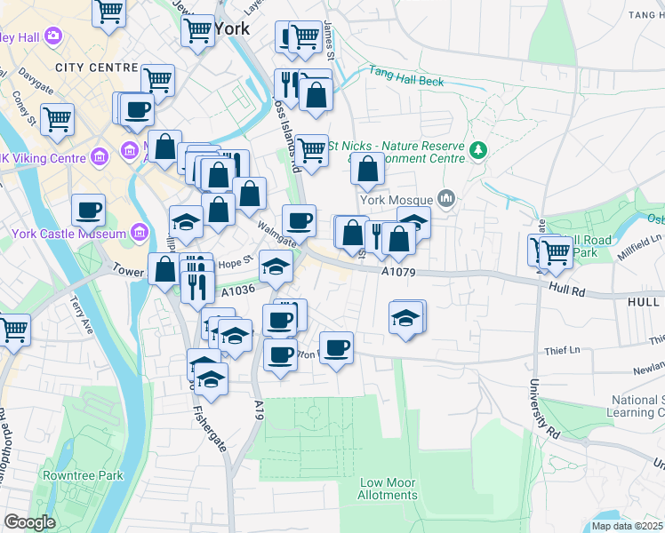 map of restaurants, bars, coffee shops, grocery stores, and more near 32 Lawrence Street in York