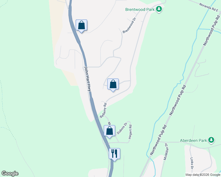 map of restaurants, bars, coffee shops, grocery stores, and more near 1977 Clearwood Crescent in Prince George