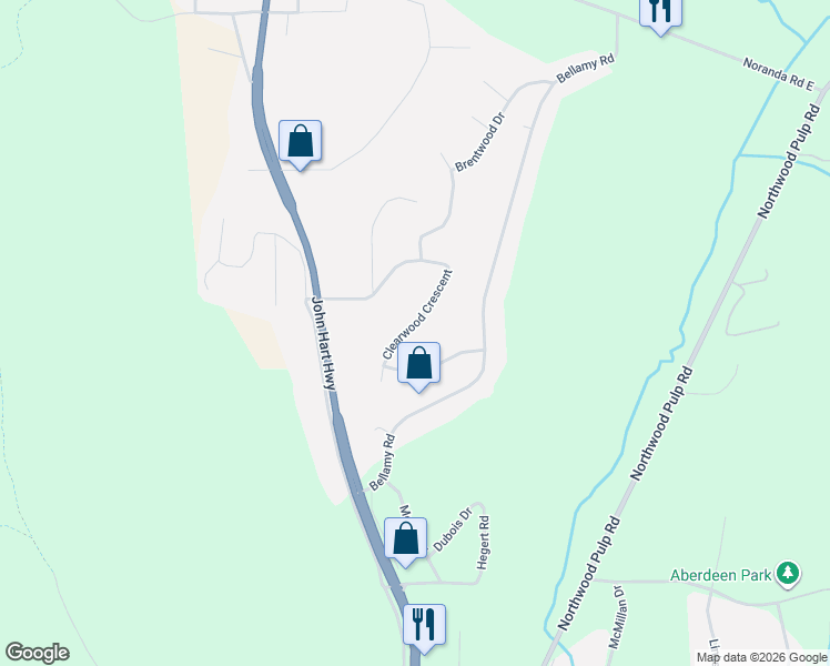 map of restaurants, bars, coffee shops, grocery stores, and more near 3490 Clearwood Crescent in Prince George