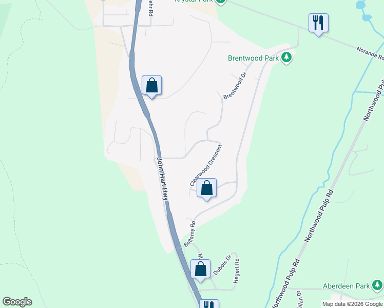map of restaurants, bars, coffee shops, grocery stores, and more near 2073 Woodhaven Drive in Prince George
