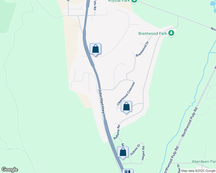 map of restaurants, bars, coffee shops, grocery stores, and more near 2164 Shady Lane in Prince George