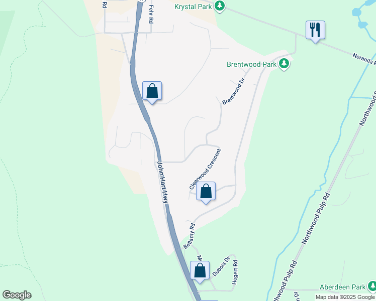 map of restaurants, bars, coffee shops, grocery stores, and more near 3586 Alderwood Court in Prince George