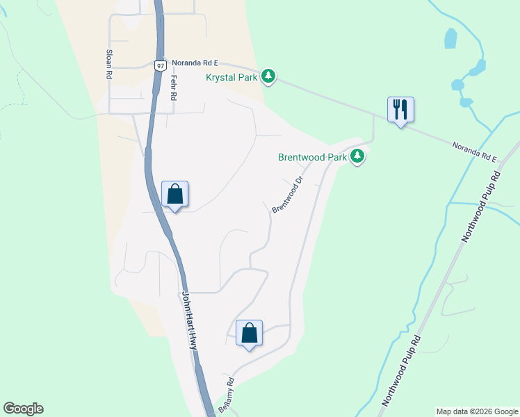map of restaurants, bars, coffee shops, grocery stores, and more near 3819 Brentwood Place in Prince George