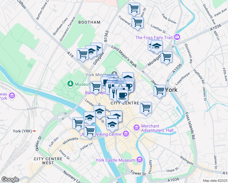 map of restaurants, bars, coffee shops, grocery stores, and more near 49 Low Petergate in York