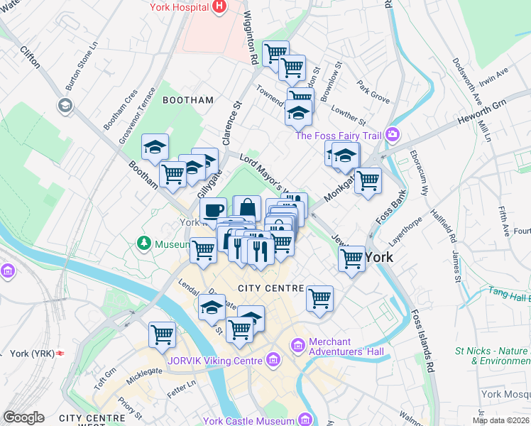 map of restaurants, bars, coffee shops, grocery stores, and more near in York