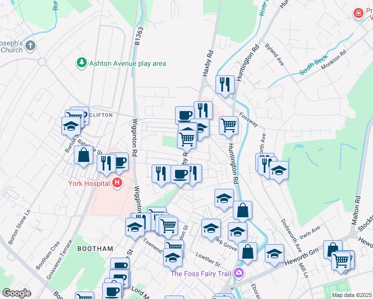 map of restaurants, bars, coffee shops, grocery stores, and more near Haxby Road in York