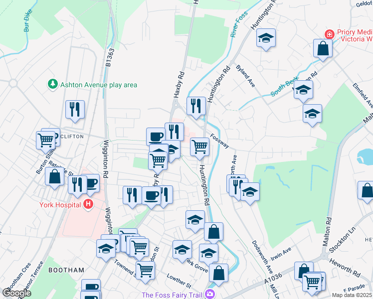 map of restaurants, bars, coffee shops, grocery stores, and more near Kitchener Street in York