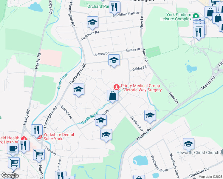 map of restaurants, bars, coffee shops, grocery stores, and more near Victoria Way in York