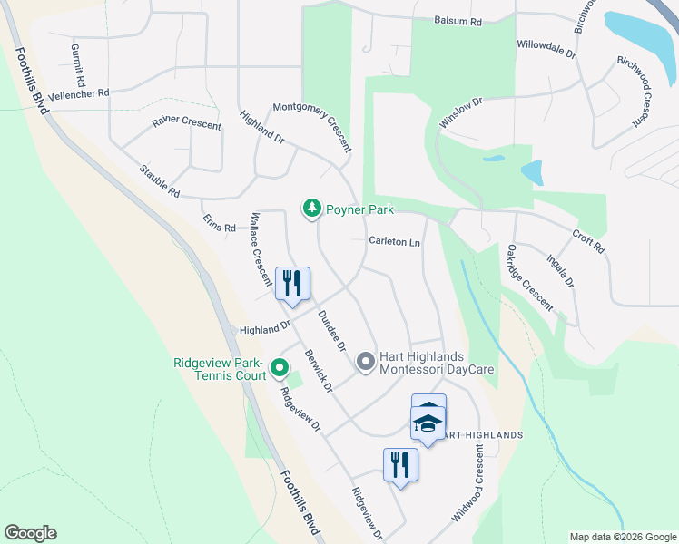 map of restaurants, bars, coffee shops, grocery stores, and more near 3054 Poyner Crescent in Prince George
