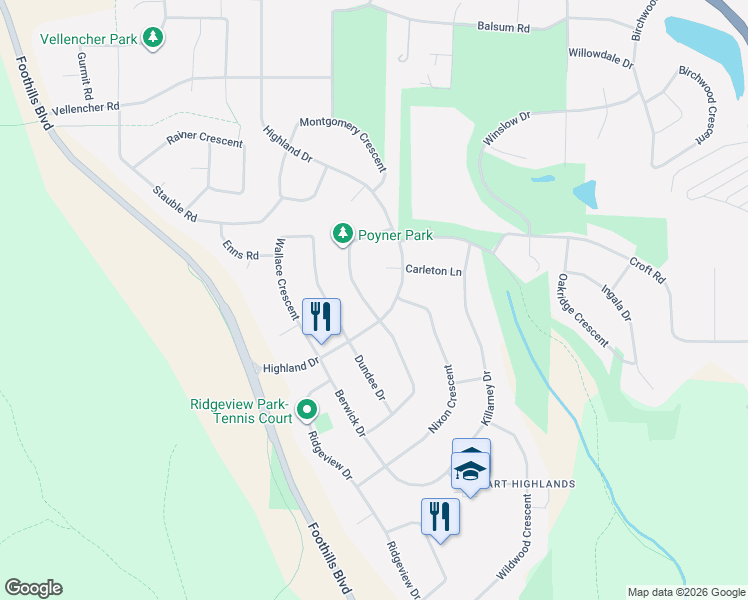 map of restaurants, bars, coffee shops, grocery stores, and more near 3054 Poyner Crescent in Prince George