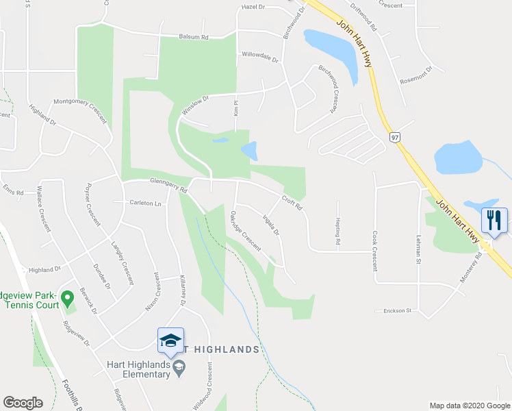 map of restaurants, bars, coffee shops, grocery stores, and more near 2956 Ingala Drive in Prince George