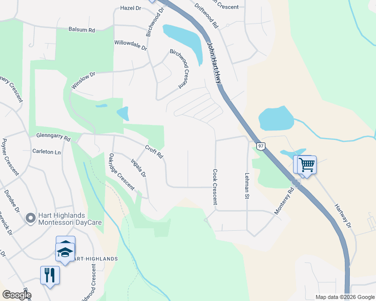 map of restaurants, bars, coffee shops, grocery stores, and more near 5705 Hepting Road in Prince George