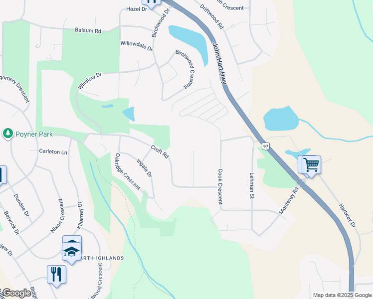 map of restaurants, bars, coffee shops, grocery stores, and more near 5689 Hepting Road in Prince George