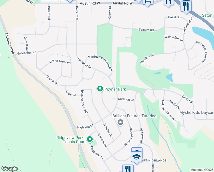 map of restaurants, bars, coffee shops, grocery stores, and more near 3153 Poyner Crescent in Prince George