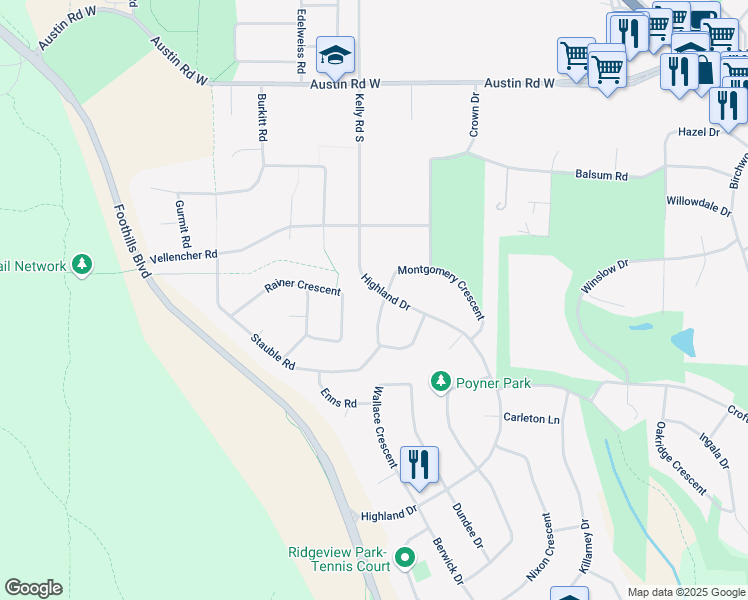 map of restaurants, bars, coffee shops, grocery stores, and more near 6099 Montgomery Crescent in Prince George