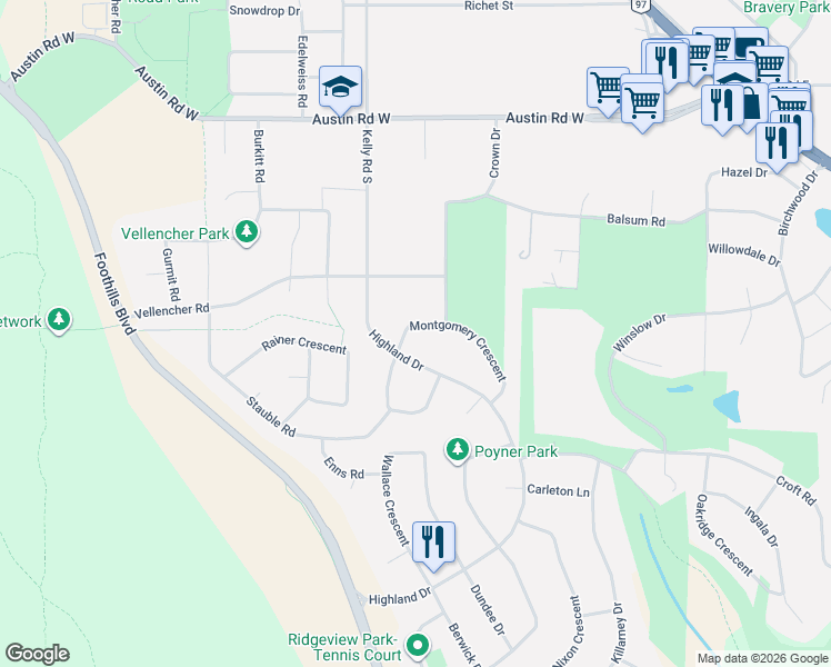 map of restaurants, bars, coffee shops, grocery stores, and more near 4327 Montgomery Crescent in Prince George