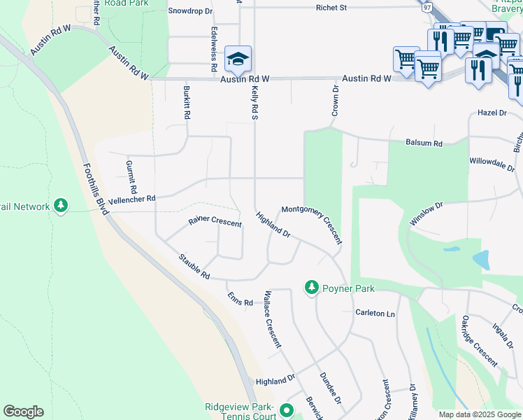 map of restaurants, bars, coffee shops, grocery stores, and more near 6099 Montgomery Crescent in Prince George