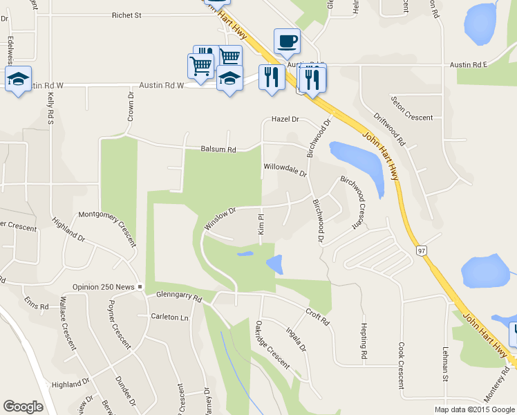 map of restaurants, bars, coffee shops, grocery stores, and more near 3667 Winslow Drive in Prince George