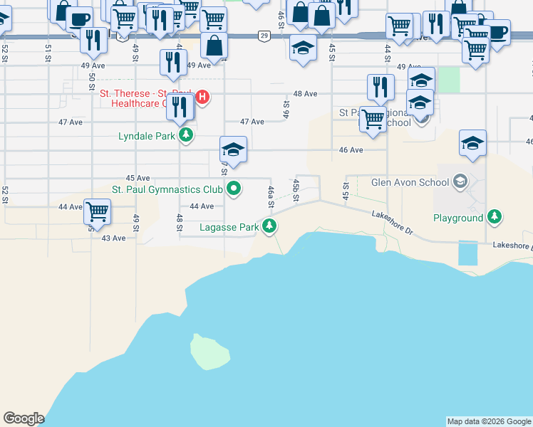 map of restaurants, bars, coffee shops, grocery stores, and more near 46 46A Street in Saint Paul
