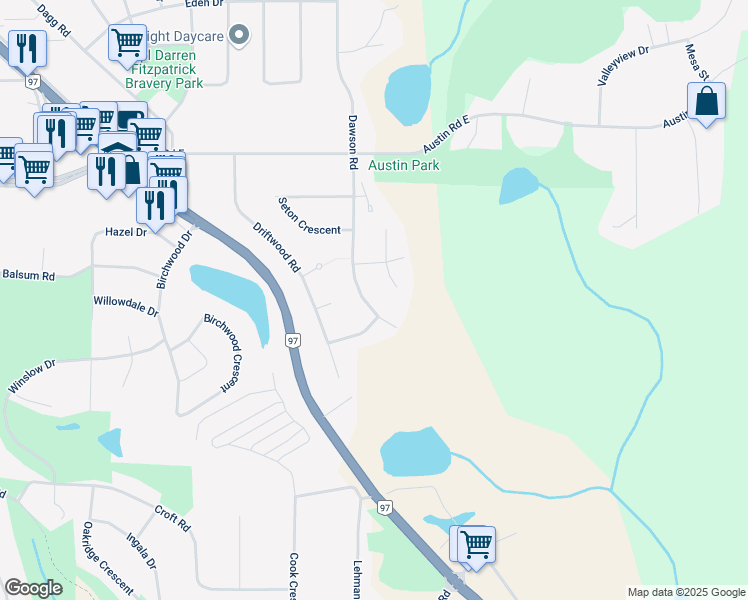 map of restaurants, bars, coffee shops, grocery stores, and more near 6260 Dawson Road in Prince George