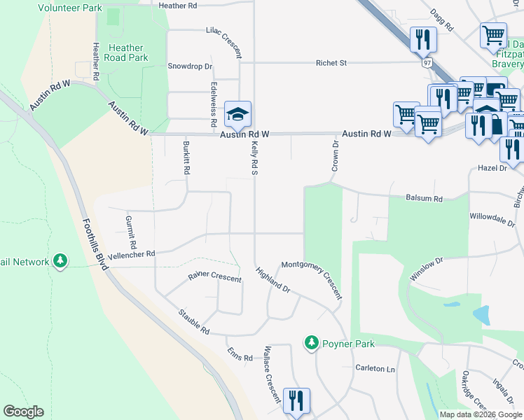 map of restaurants, bars, coffee shops, grocery stores, and more near 6242 Kelly Road South in Prince George