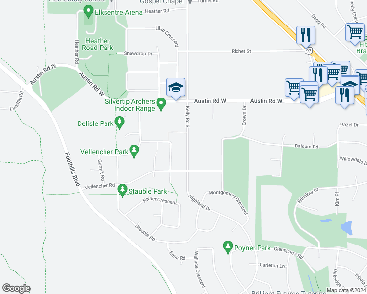 map of restaurants, bars, coffee shops, grocery stores, and more near 6289 Kelly Road South in Prince George