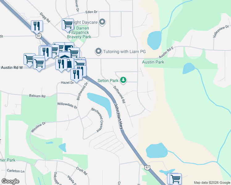 map of restaurants, bars, coffee shops, grocery stores, and more near 6485 Driftwood Road in Prince George