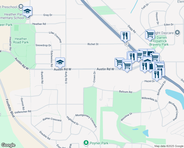 map of restaurants, bars, coffee shops, grocery stores, and more near 6489 Crown Drive in Prince George
