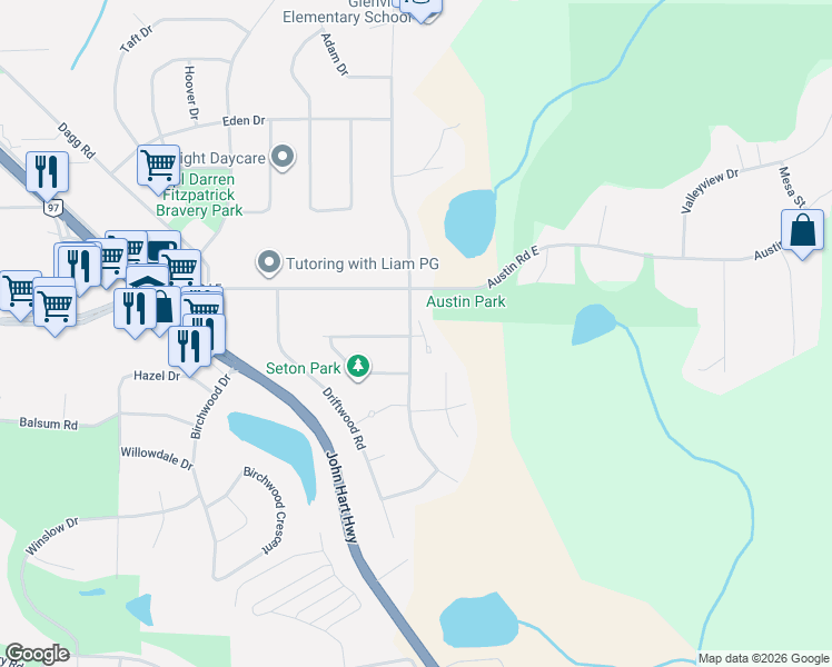 map of restaurants, bars, coffee shops, grocery stores, and more near 6450 Dawson Road in Prince George