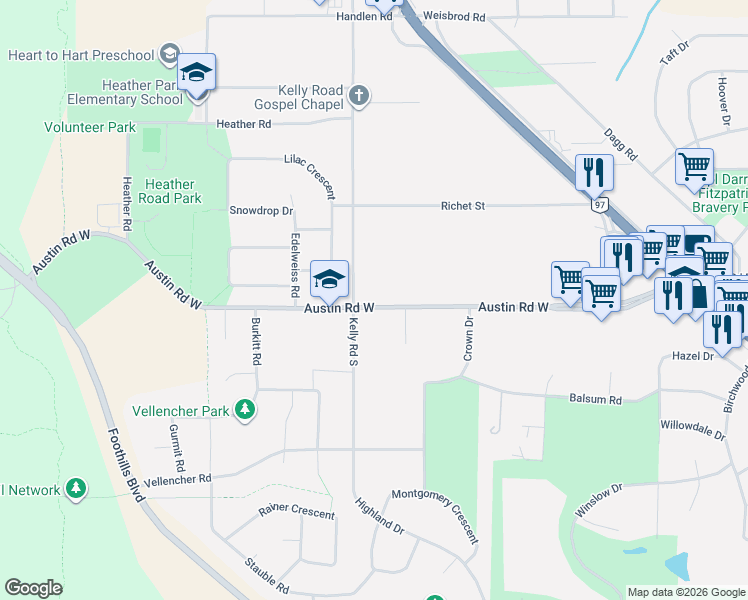 map of restaurants, bars, coffee shops, grocery stores, and more near 4388 Austin Road West in CPG