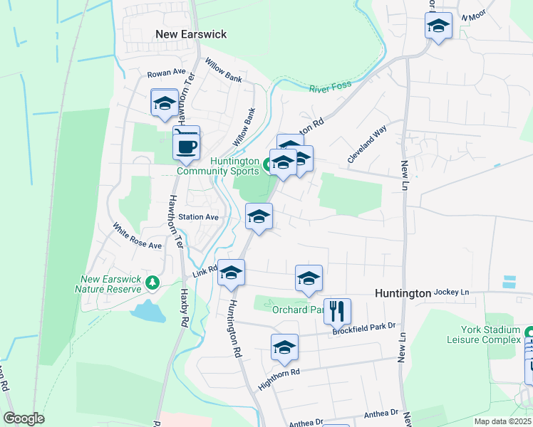 map of restaurants, bars, coffee shops, grocery stores, and more near Huntington Road in Huntington