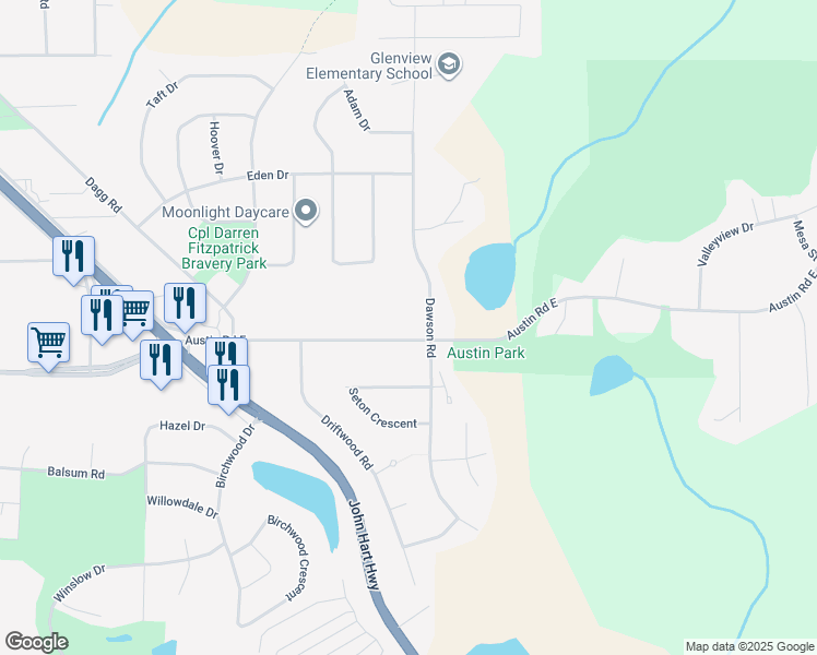 map of restaurants, bars, coffee shops, grocery stores, and more near 3044 Austin Road East in Prince George