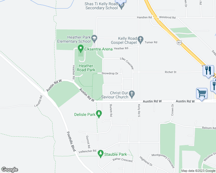 map of restaurants, bars, coffee shops, grocery stores, and more near 4739 Crocus Crescent in Prince George