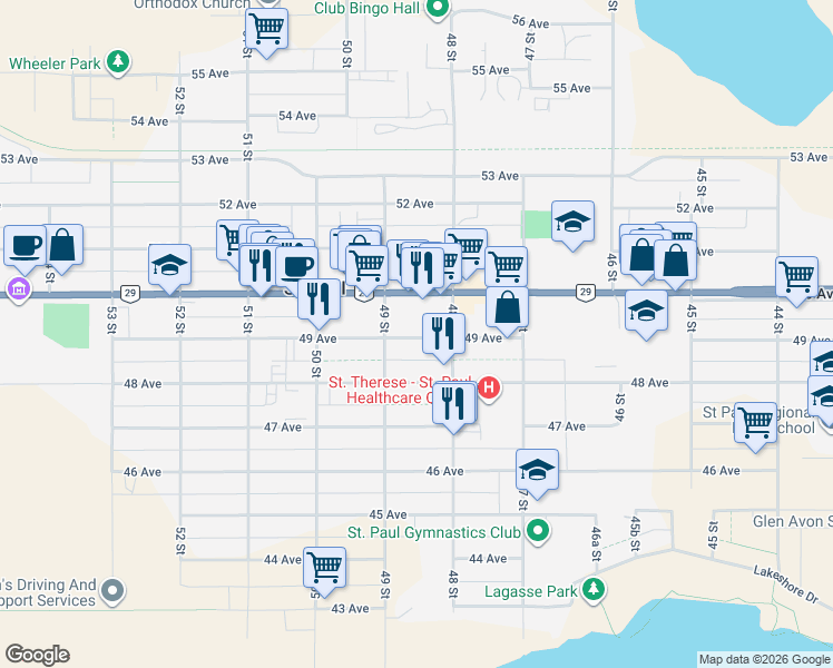 map of restaurants, bars, coffee shops, grocery stores, and more near 4807 Alberta 29 in Saint Paul