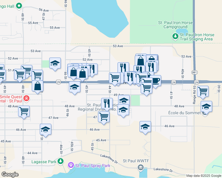 map of restaurants, bars, coffee shops, grocery stores, and more near 4905 44 Street in Saint Paul