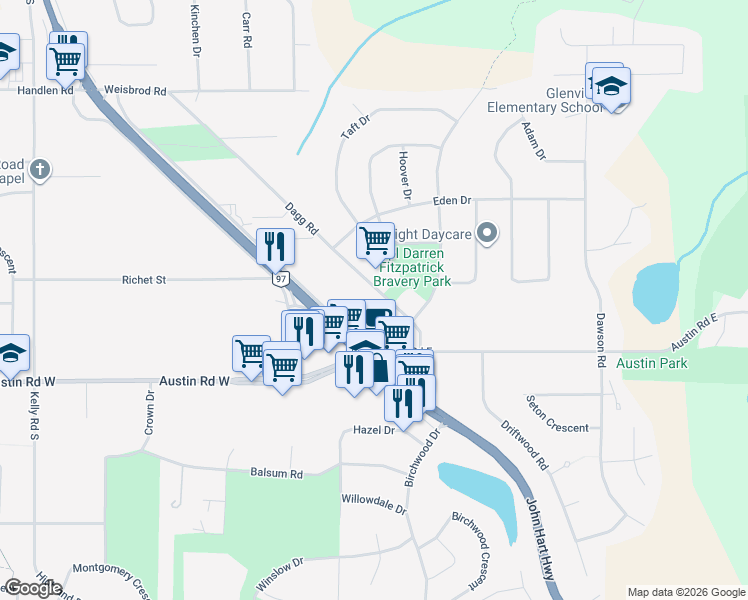 map of restaurants, bars, coffee shops, grocery stores, and more near 6779 Dagg Road in Prince George